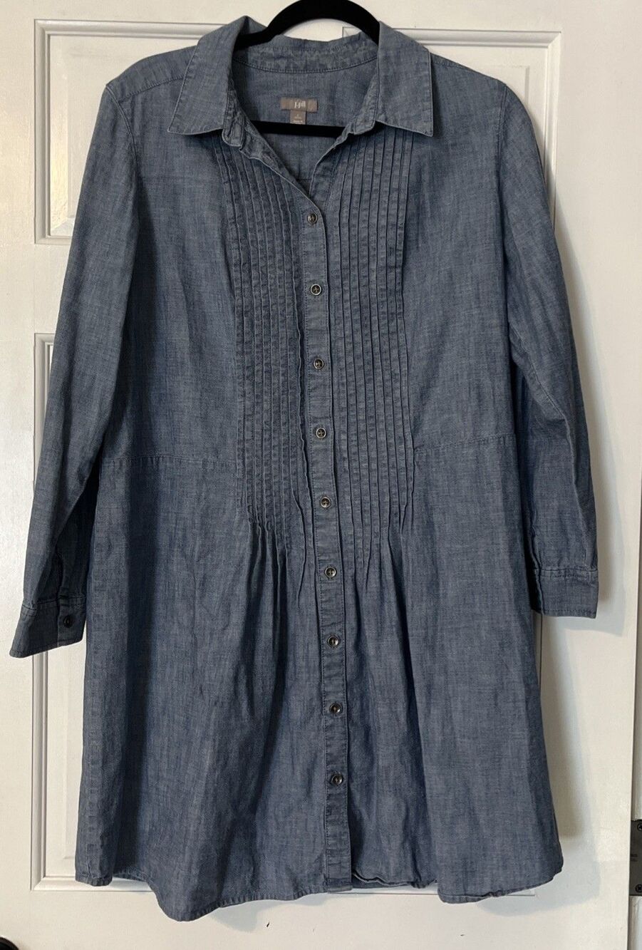 J Jill Chambray Shirt Dress Womens Large Petite Blue Pintuck Classic Preppy